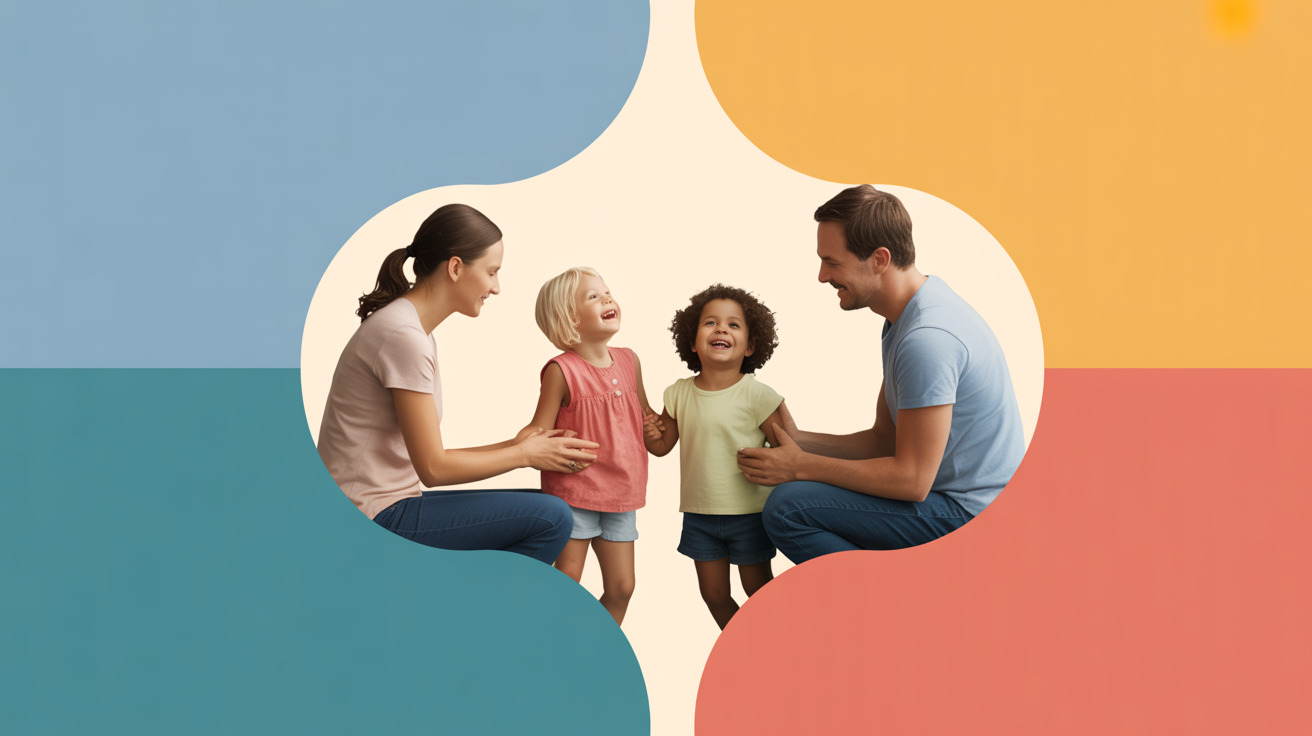 Peaceful co-parenting illustration showing parents cooperating from a distance with happy children thriving